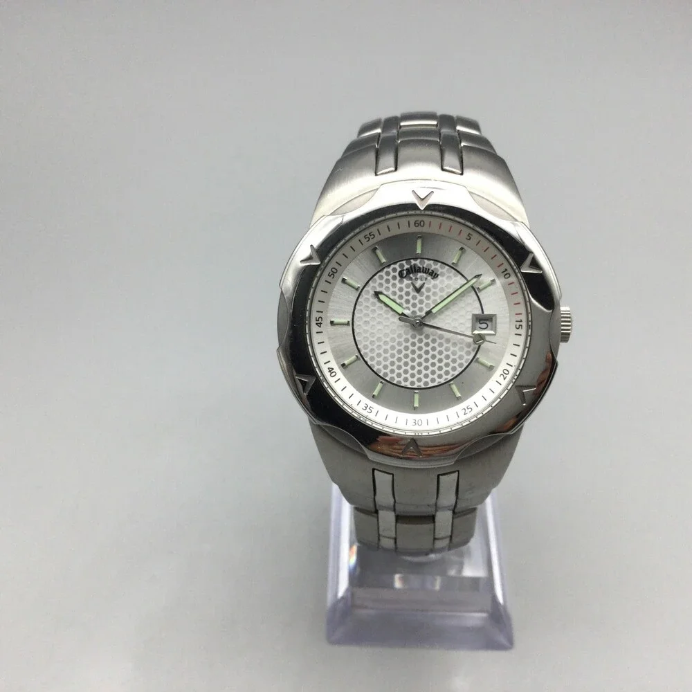 Callaway Golf Watch Mens 39mm Silver Tone Date New Battery 7.25" - Picture 2 of 12